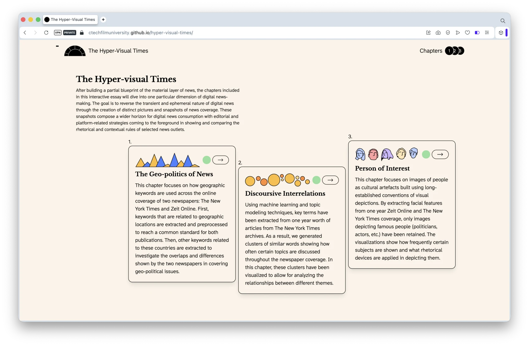 Presentation of the three website chapters The image shows the introduction cards to the three chapters on the website: The Geo-politics of News, Discursive Interrelations, Person of Interest