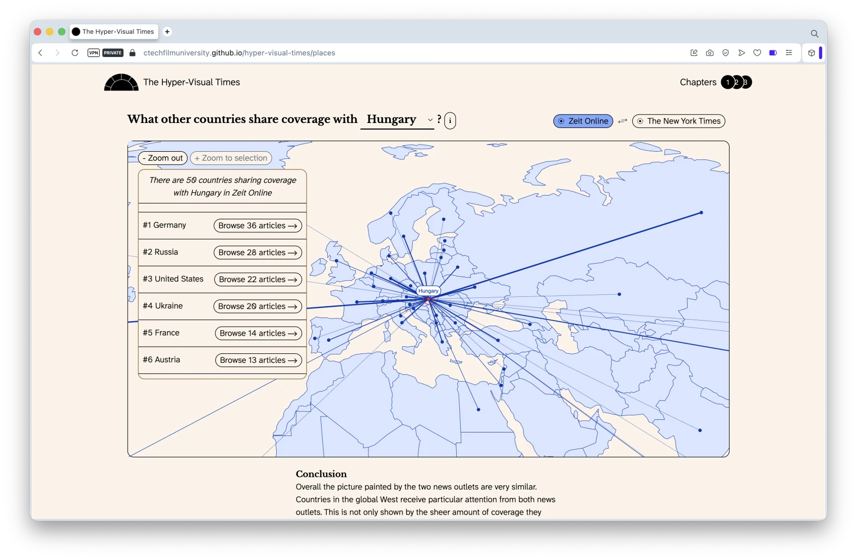 Browsing widget to compare geographic coverage across the two newspapers The image shows a browsing widget based on a map. The widget allows readers to search if countries have been covered together and to what extent.